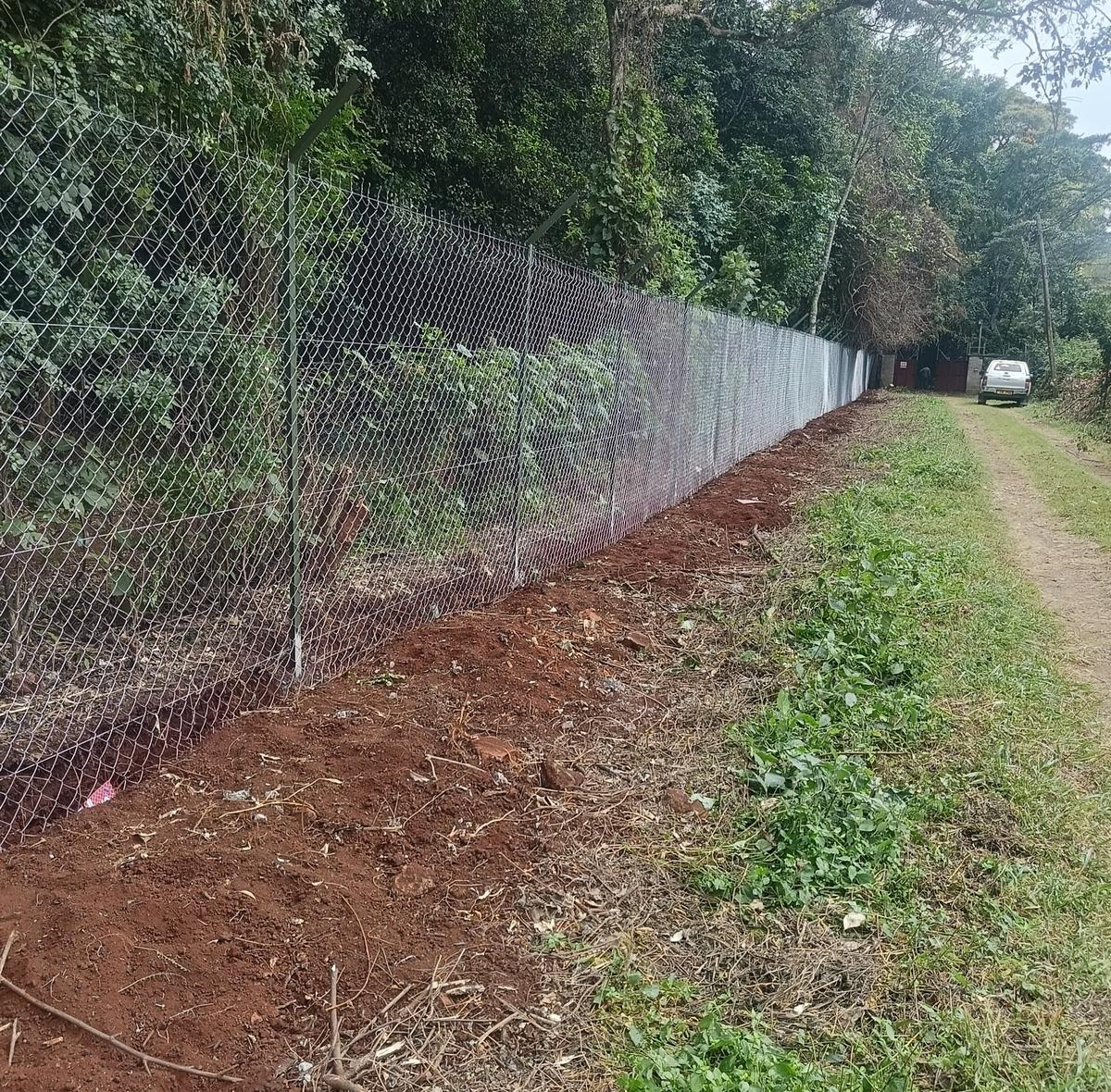 Long run of chain link fencing installed along a perimeter beside a dirt access road