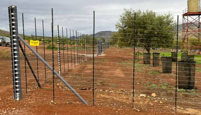 Multi-strand electric fence running along a farm boundary