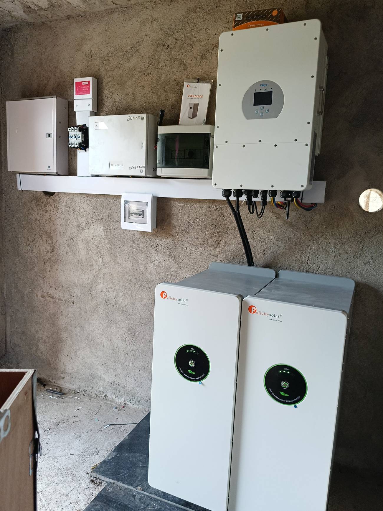 Hybrid inverter and two stacked lithium batteries with changeover switchgear